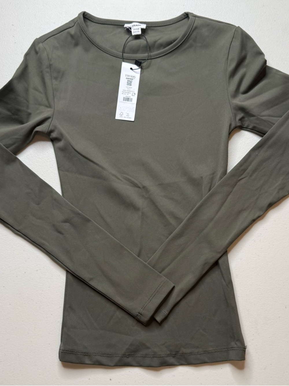 NWT Garage Sleek Crewneck Long Sleeve Top XXS Martini Green Fitted Stretch Shirt